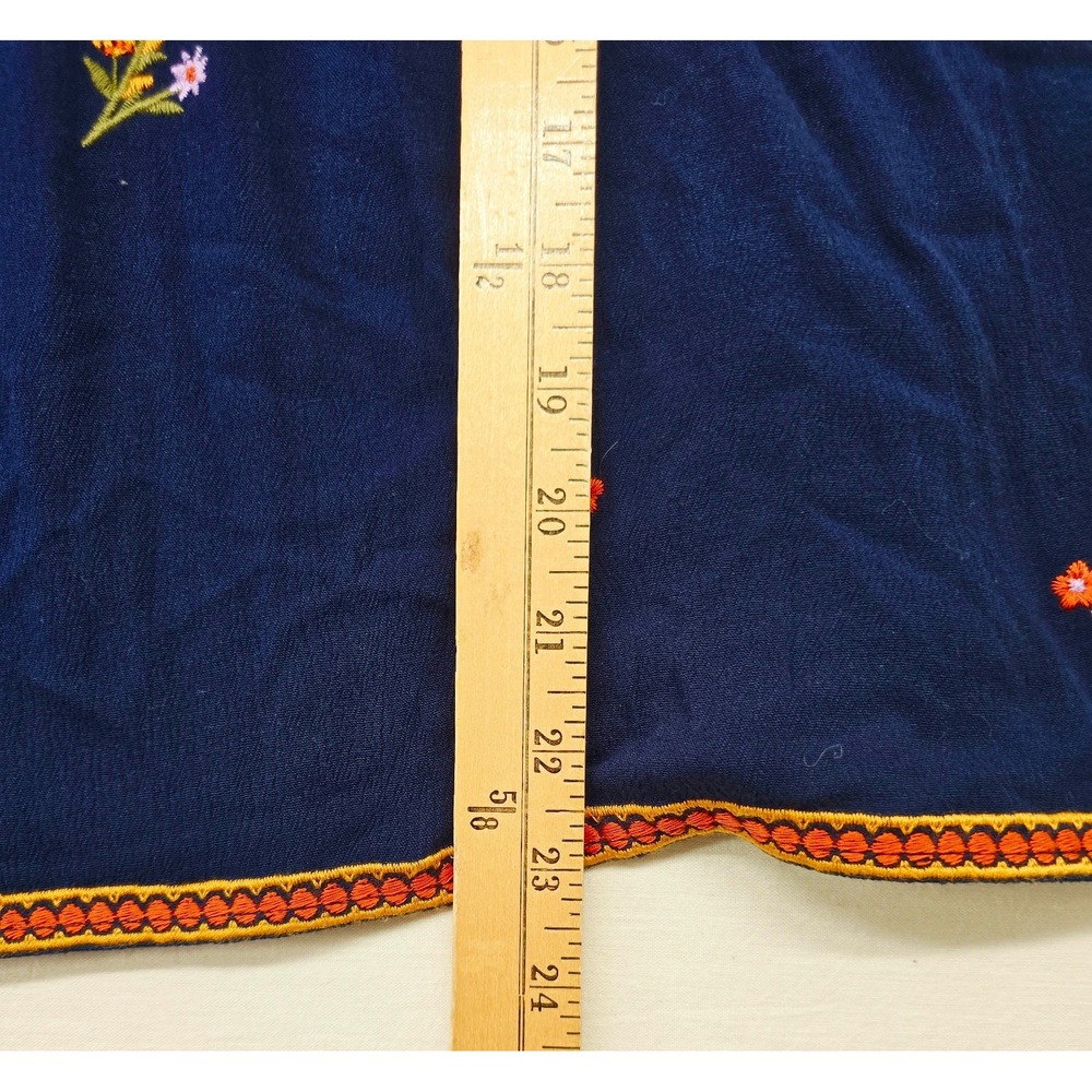 Savanna Jane Peasant Top Women L Navy Floral Embroidery Fringed Boho Blouse - Picture 4 of 8